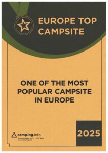 Urkunde auf englisch: Europe Top Campsite, one of the most popular campsite in Europe, 2025, camping.info